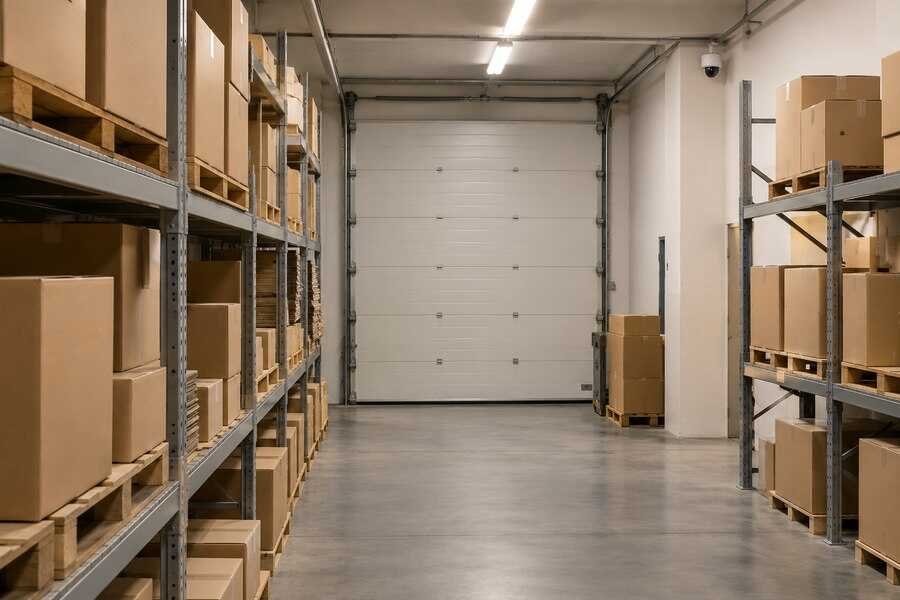 Almacén con estanterías y una cámara de videovigilancia orientada hacia el pasillo y el acceso de mercancías