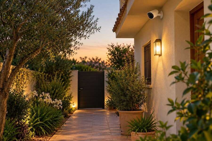 Cámara de seguridad orientada hacia un jardín y un acceso privado al atardecer