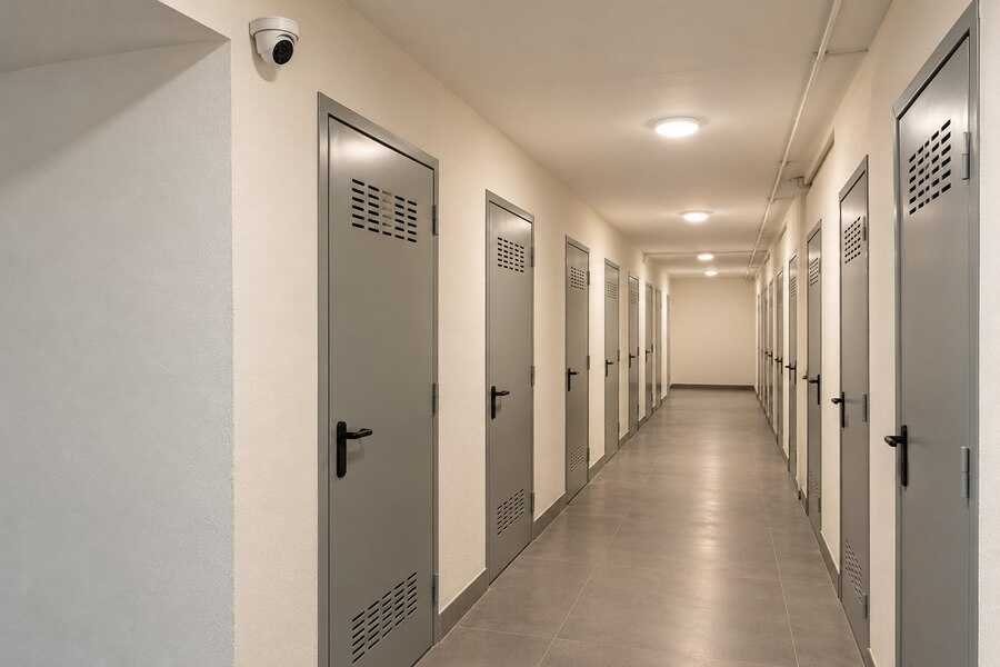 Pasillo común de trasteros con puertas cerradas y una cámara instalada en la parte alta
