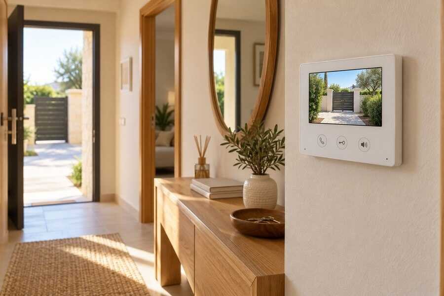 Monitor interior de videoportero con una vista ilustrativa de la entrada de una vivienda