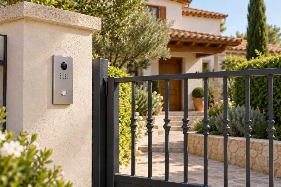 Videoportero de un pulsador instalado junto a la puerta de entrada de un chalet