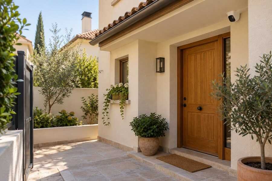 Entrada privada de una vivienda con una cámara de seguridad instalada bajo el porche