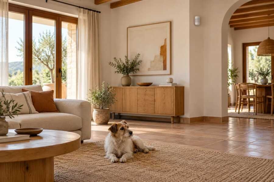 Un perro descansa en el salón de una vivienda con un detector de movimiento en la pared