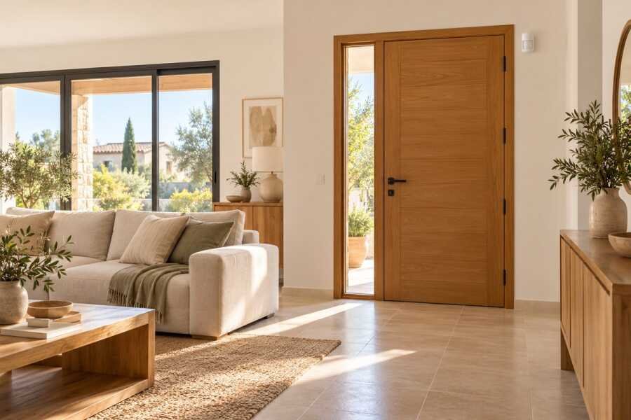 Entrada y salón de una vivienda con un detector de movimiento instalado en la parte alta de la pared