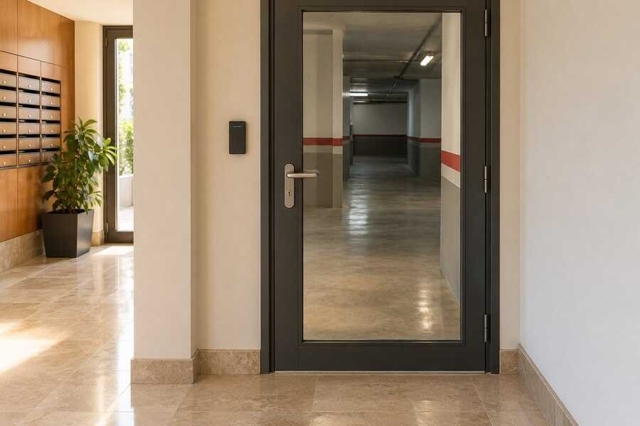 Puerta de acceso a una zona común con lector de proximidad instalado junto al marco