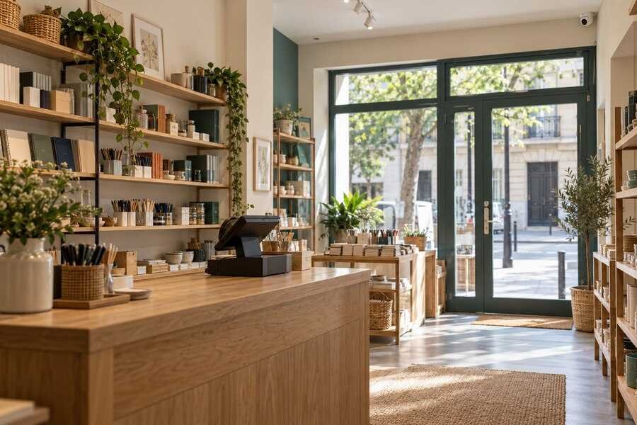 Comercio con mostrador y una cámara de seguridad instalada en la parte alta del local