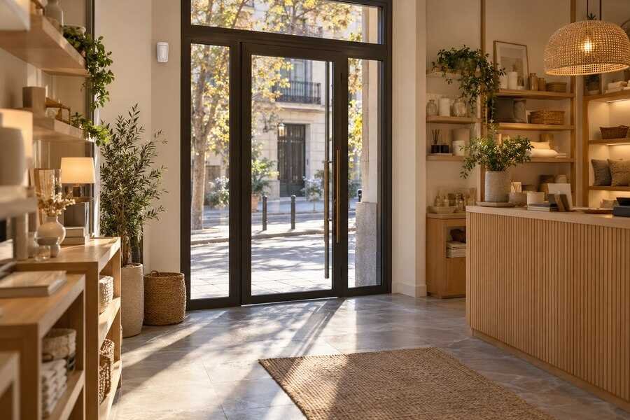 Interior de un comercio con detector de movimiento junto a la entrada