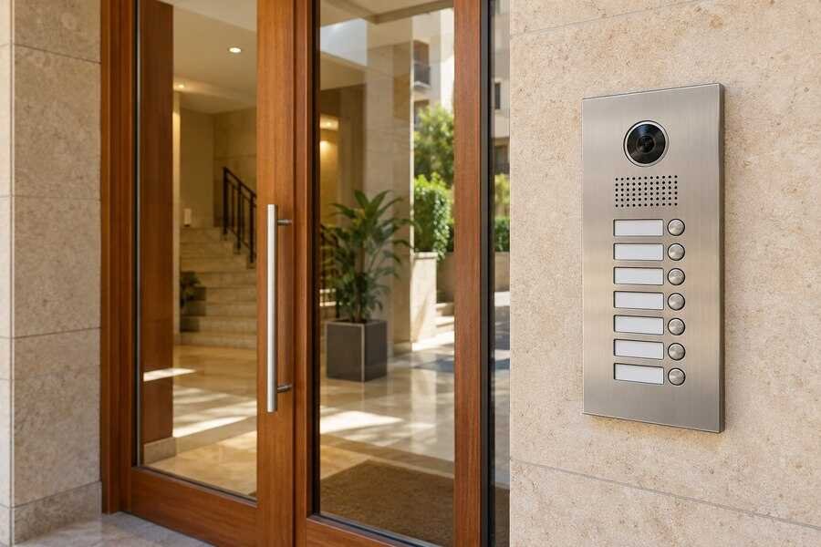 Placa de videoportero con varios pulsadores junto a la entrada de una comunidad de vecinos