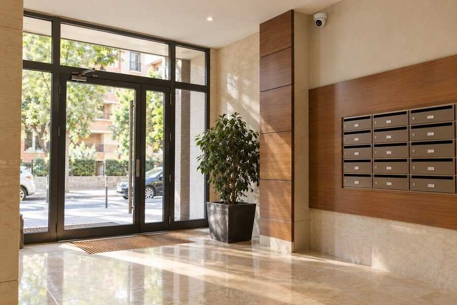Portal de una comunidad de vecinos con una cámara de seguridad orientada hacia el acceso común