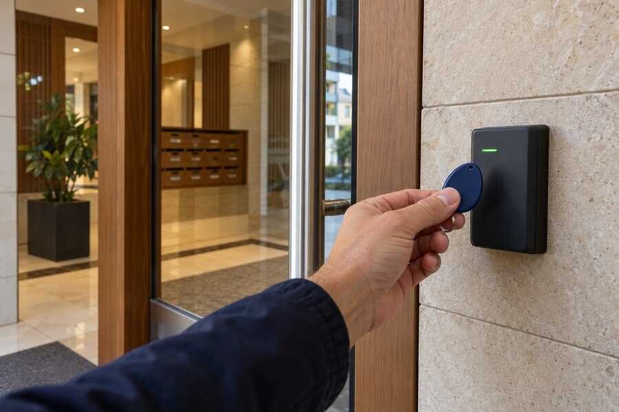 Una persona acerca un llavero de proximidad al lector del portal de una comunidad