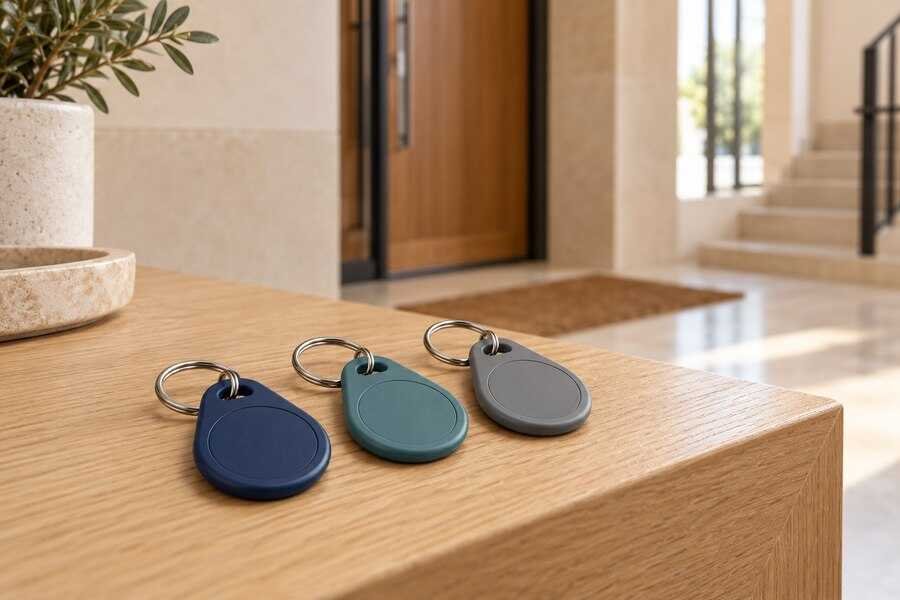 Llaveros de proximidad RFID de distintos colores sobre una superficie de madera